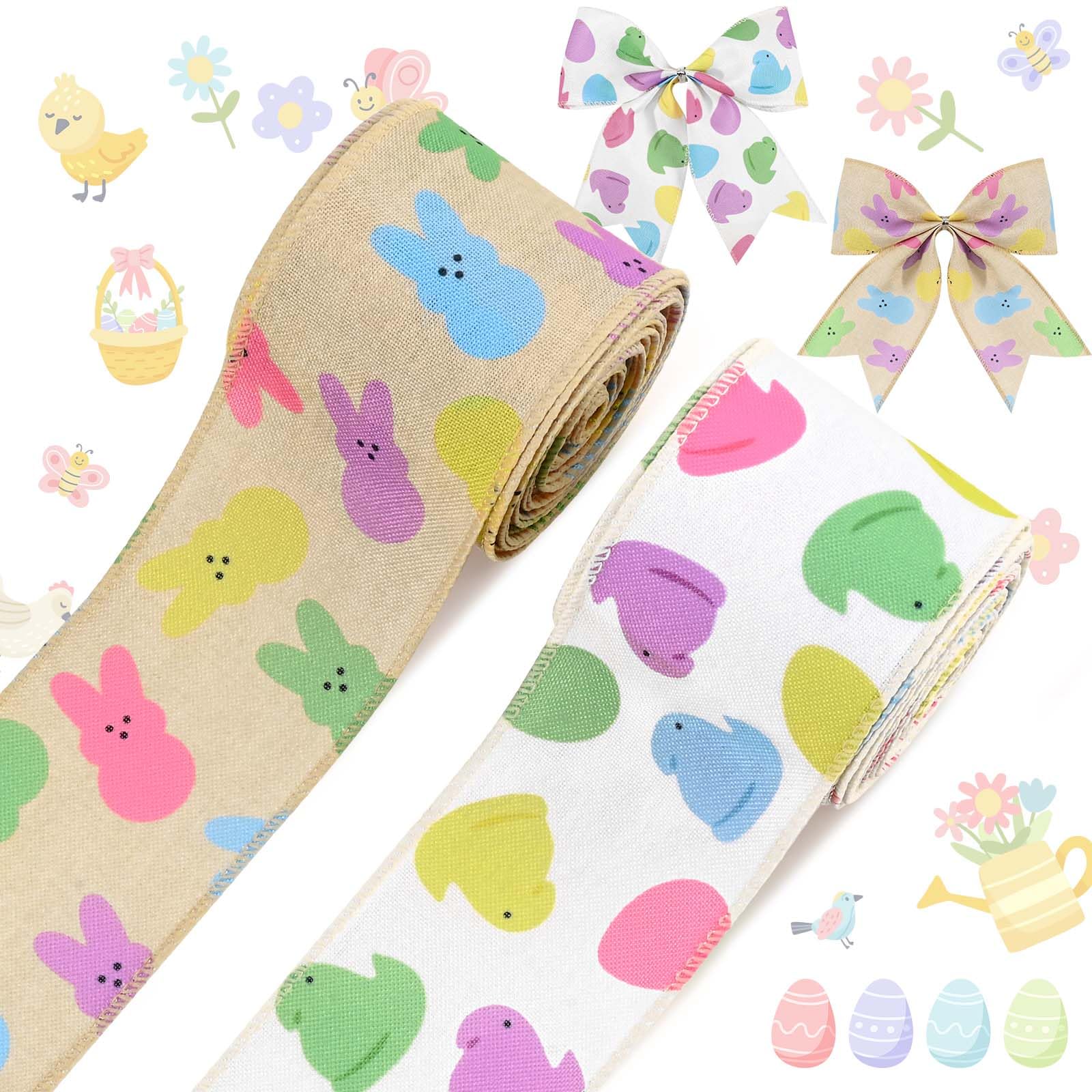 Photo 1 of 2Roll 20 Yards Easter Wired Edge Ribbon Colorful Bunny Egg Chicken Fabric Ribbon Easter Burlap Ribbon for Wreath Making Gift Wrapping for Spring DIY Craft Supplies