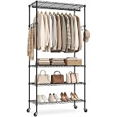 UEAKPIC Rolling Clothes Rack for Portable Closet Organizers and Storage | Adjustable Wire Garment Rack for Hanging Clothes with Shelves, Hanging Rod &amp; Hook, 35.4"W x 15.75"D x 70.9"H, 396LBS, Black