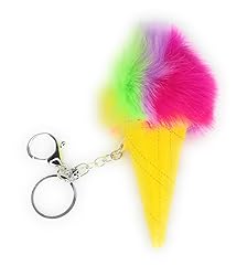 Plush Ice Cream Cone Keychain, Rainbow Fluffy Pom