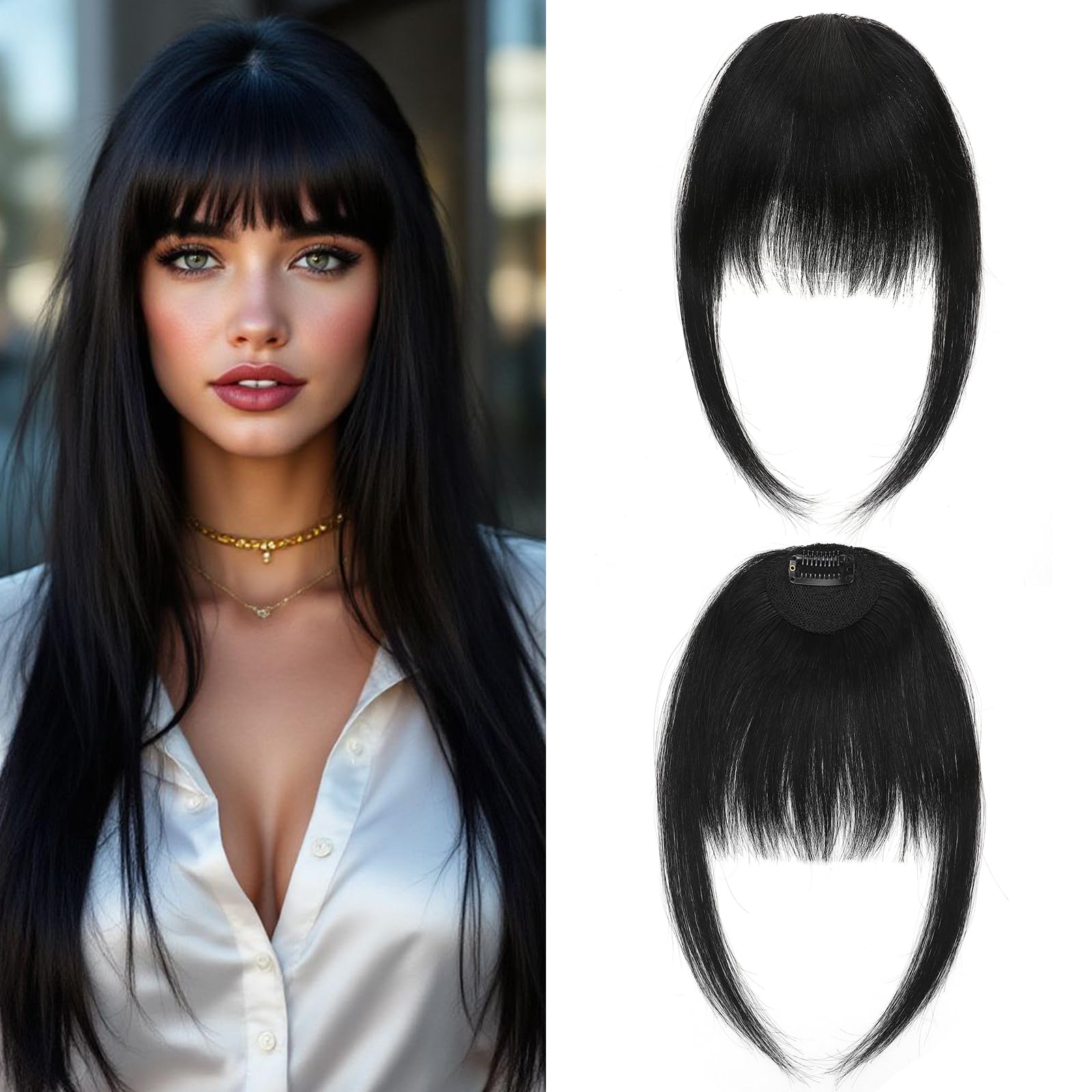 TESS 100% Real Human Hair Clip in Fringe Extensions Korean Kpop Popular Air Bangs, Festival Hair Accessories for Girls UK #01 Jet Black Upgraded 9g