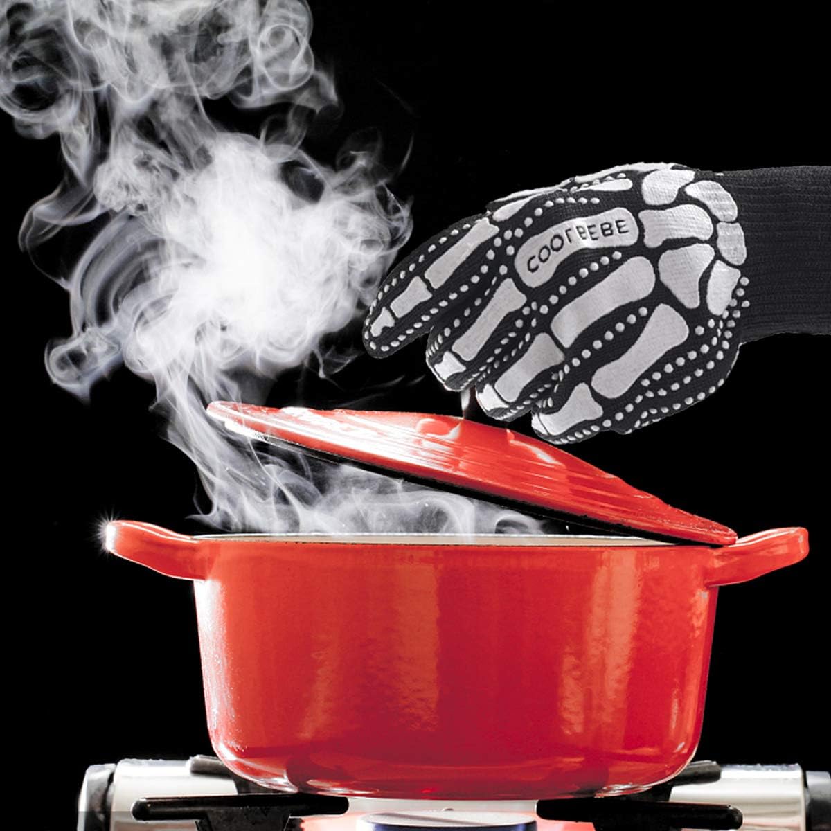 Black Skeleton BBQ Grill Gloves, COOLBEBE Unisex Cooking Oven Barbecue Gloves Kitchen Mitts with Skull Pattern - 1472°F Extreme Heat Resistant, Durable & Light Weight - 1 Pair : Garden & Outdoor