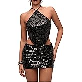 SweatyRocks Women's Sexy Sequin Halter Tops Crisscross Tie Backless Asymmetrical Y2k Going Out Party Concert Top Black Small