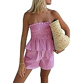 Kiluex Women Summer Sexy 2 Piece Outfits Stripe Print Ruched Strapless Bandeau Tube Top Shorts Sets Streetwear