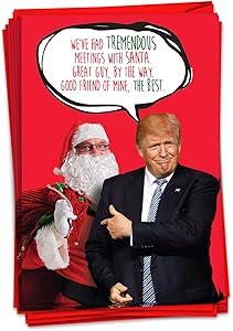 NobleWorks - 12 Funny Trump Christmas Cards - Boxed Political Holiday Humor Greeting, Bulk Notecards with Envelopes (1 Design, 12 Cards) - Trump Meetings with Santa C4249XSG-B12