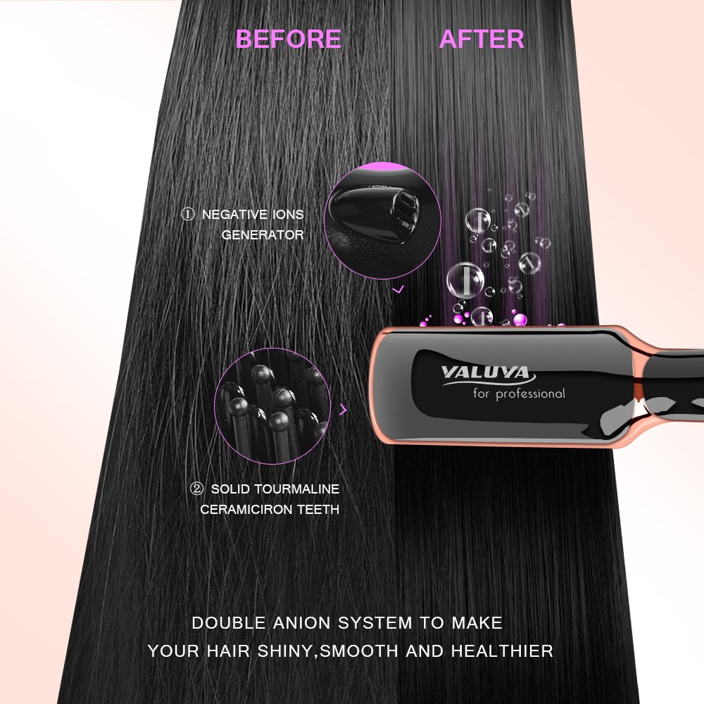 Hair Straightener Brush,YALUYA Ceramic Irons Straightener Brush Detangling and Silky Frizz-free Electric Comb,Amber Gold / Black