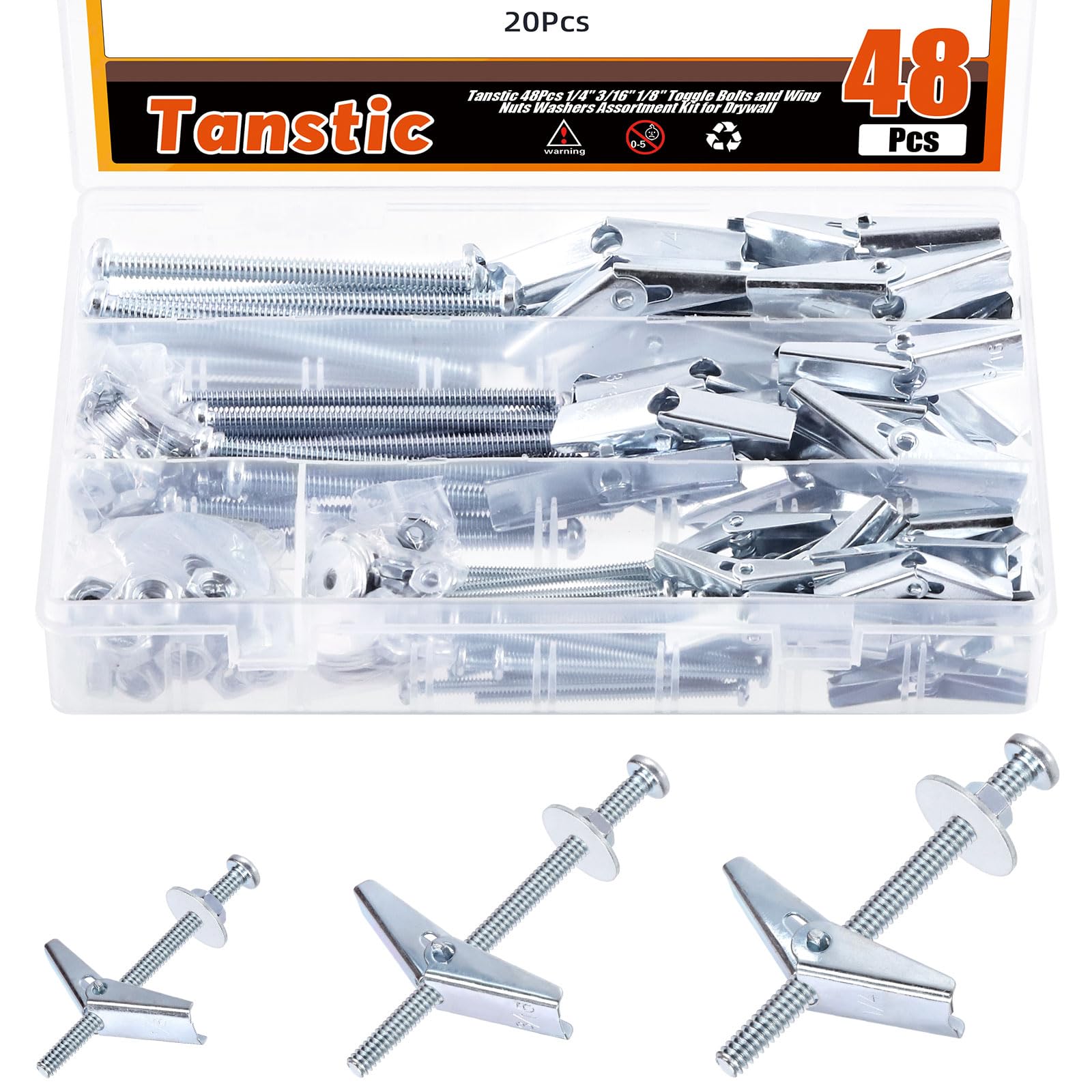 Tanstic 48 Sets 1/8" 3/16" 1/4" Toggle Bolt and Wing Nut Assortment Kit, Butterfly Toggle Anchors with Wing Nuts, Hex Nuts, Washers, Hollow Drywall Anchors and Screws for Drywall