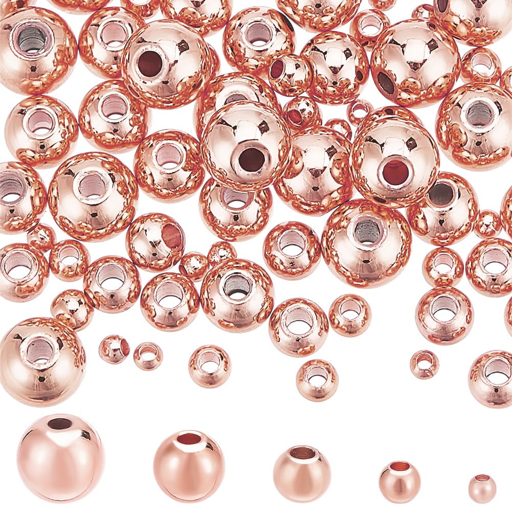 HOBBIESAY 75Pcs 5 Styles Rose Gold Ball Brass Tiny Beads 2-6mm Smooth Rondelle Loose Spacer Beads 0.8-1.5mm Hole for Jewelry Making