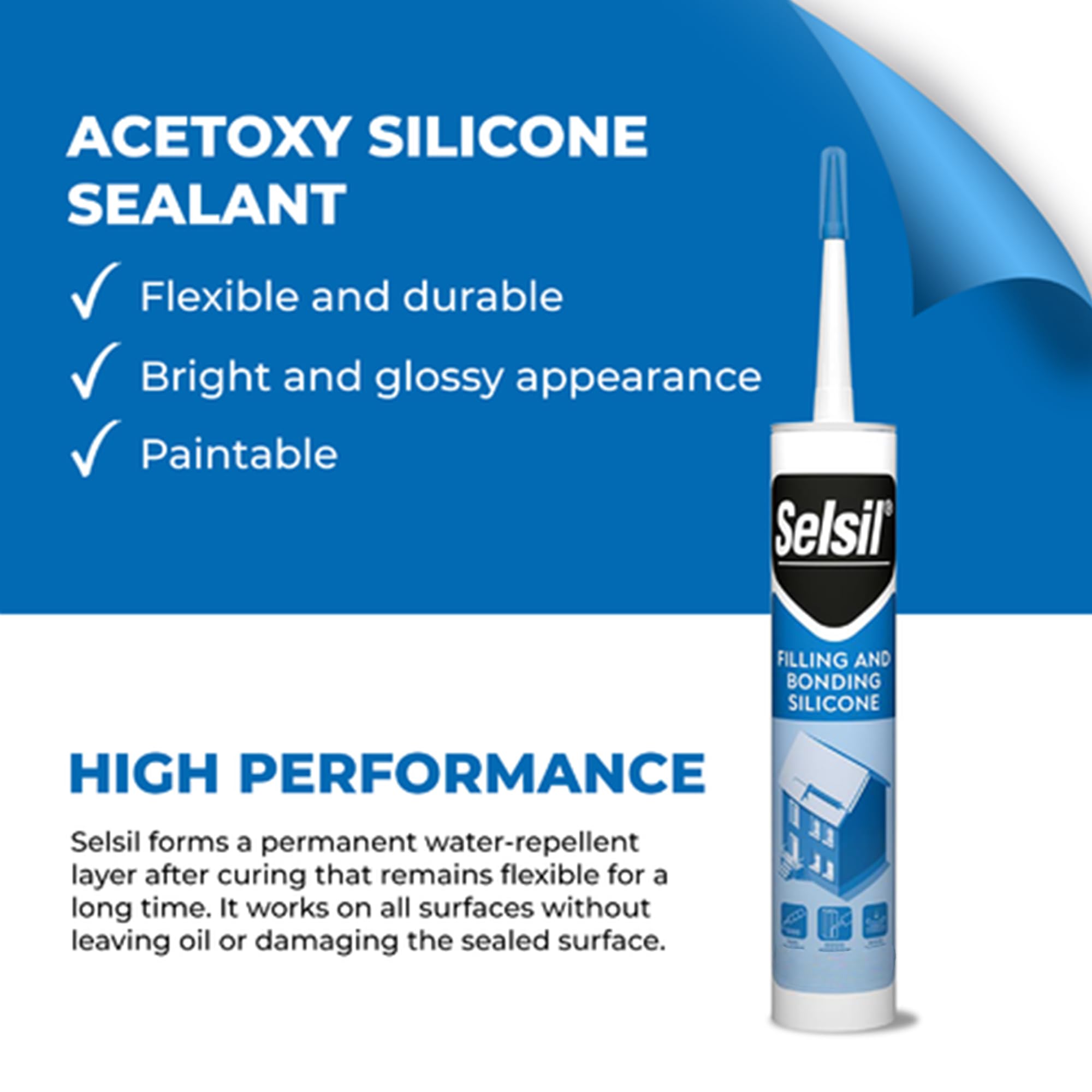 Selsil Clear 100% Silicone Sealant - Filling and Bonding Silicone Caulk - Clear Silicone Sealant Waterproof - Clear Sealant - Great Elasticity, Solvent Free, 10.5 Fl Oz. (310 ml) Cartridge, 1pc