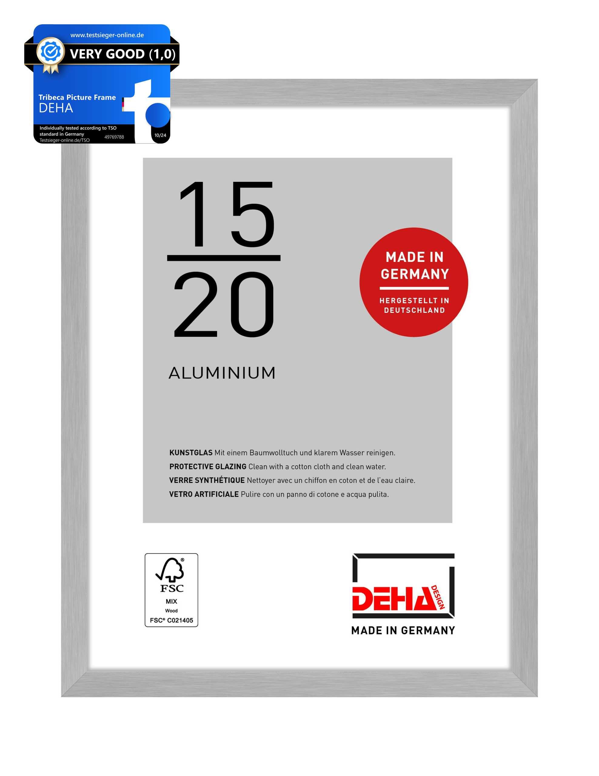 DEHA Design Tribeca Aluminium Picture Frame - 15x20 cm (6x8 in) – Brushed Silver - with Synthetic Glass and Push/Turn Clips