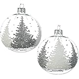 Snowy Forest Blown Glass Ornaments - Set of 2 Clear Decorated European Glass Balls