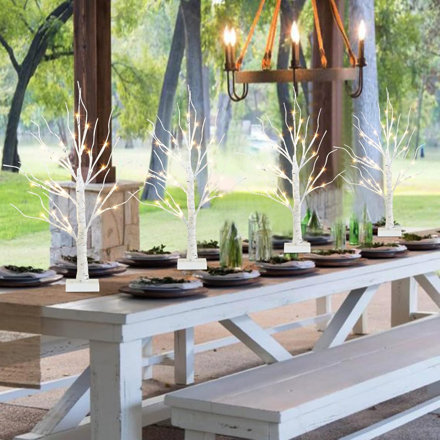 Trees - PABIPABI 4 Packs Lighted Birch Tree 24 LED 24'' Christmas Tree Small Bonsai Tree Artificial Tree Lights Battery Powered Timer Warm White Mini Table Top Tree for Home Office Wedding Decor