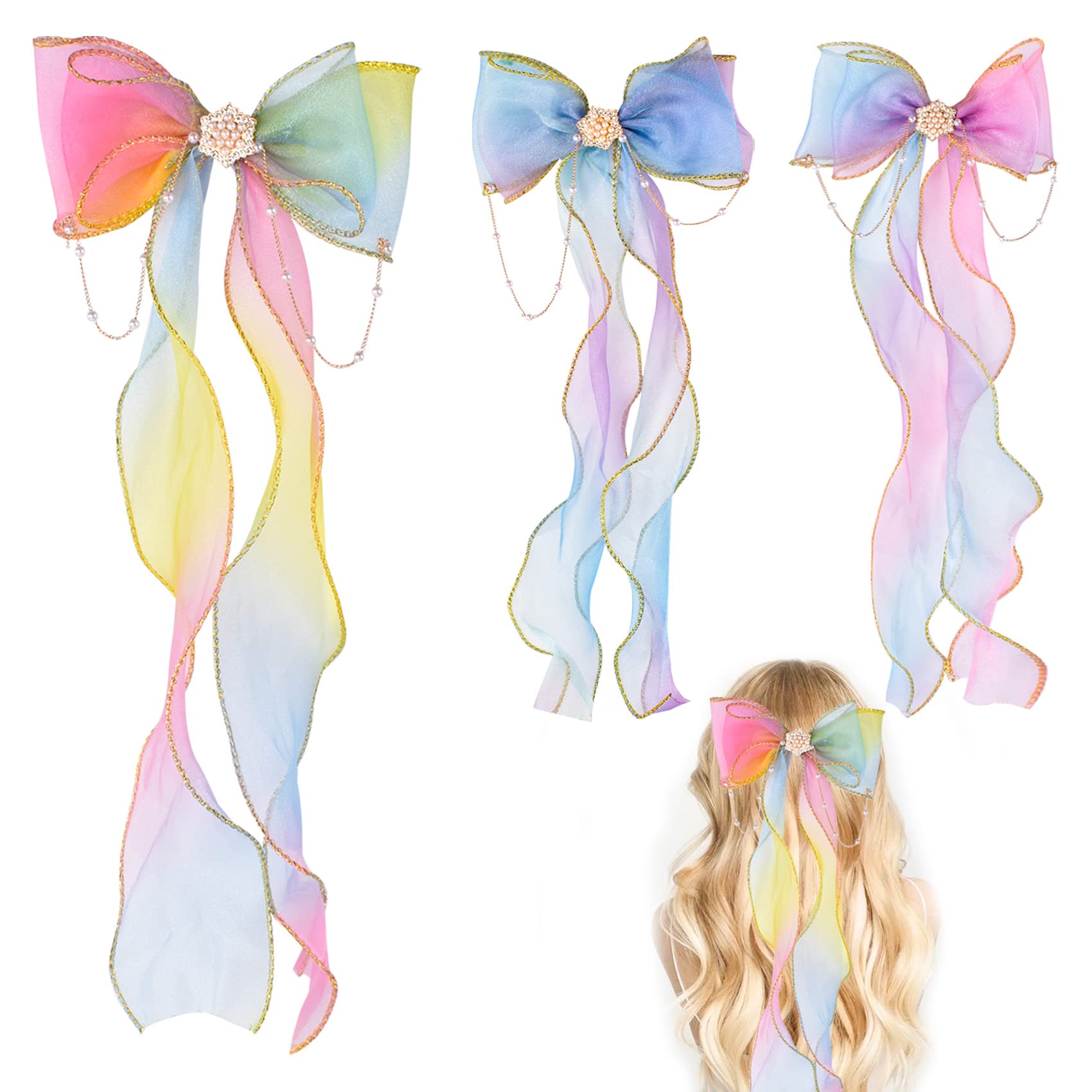 3-Piece Hair Bows with Pearl Tassels - Colorful Rainbow Clips with Long Tail for Girls and Women - Princess Barrettes Accessories