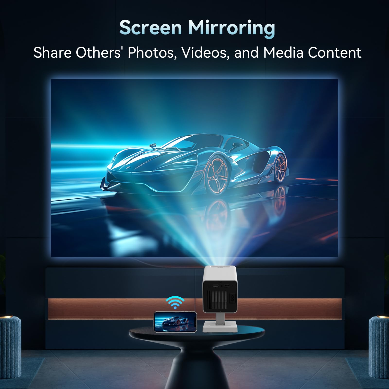 Mini Projector with WIFI 6 and Bluetooth, 4K 1080P Support Portable Projector Movie Auto Keystone for Laptop, PC, Smartphone