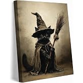 Black Cat Witch Canvas Wall Art,Vintage Halloween Animal Wall Decor,16x24in | Halloween Cat Painting Picture Wall Decor, Dark Academia Poster Print Artwork, for Living Room, Bedroom Home Decoration