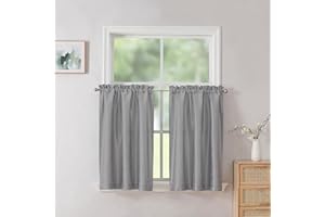 Chyhomenyc Uptown Silver Grey Kitchen Tier Curtains 36 Inch Length 2 Panels, Faux Silk Room Darkening Privacy Short Curtains for Small Window Farmhouse Bedroom Basement Bathroom, Each 30x36 Inch