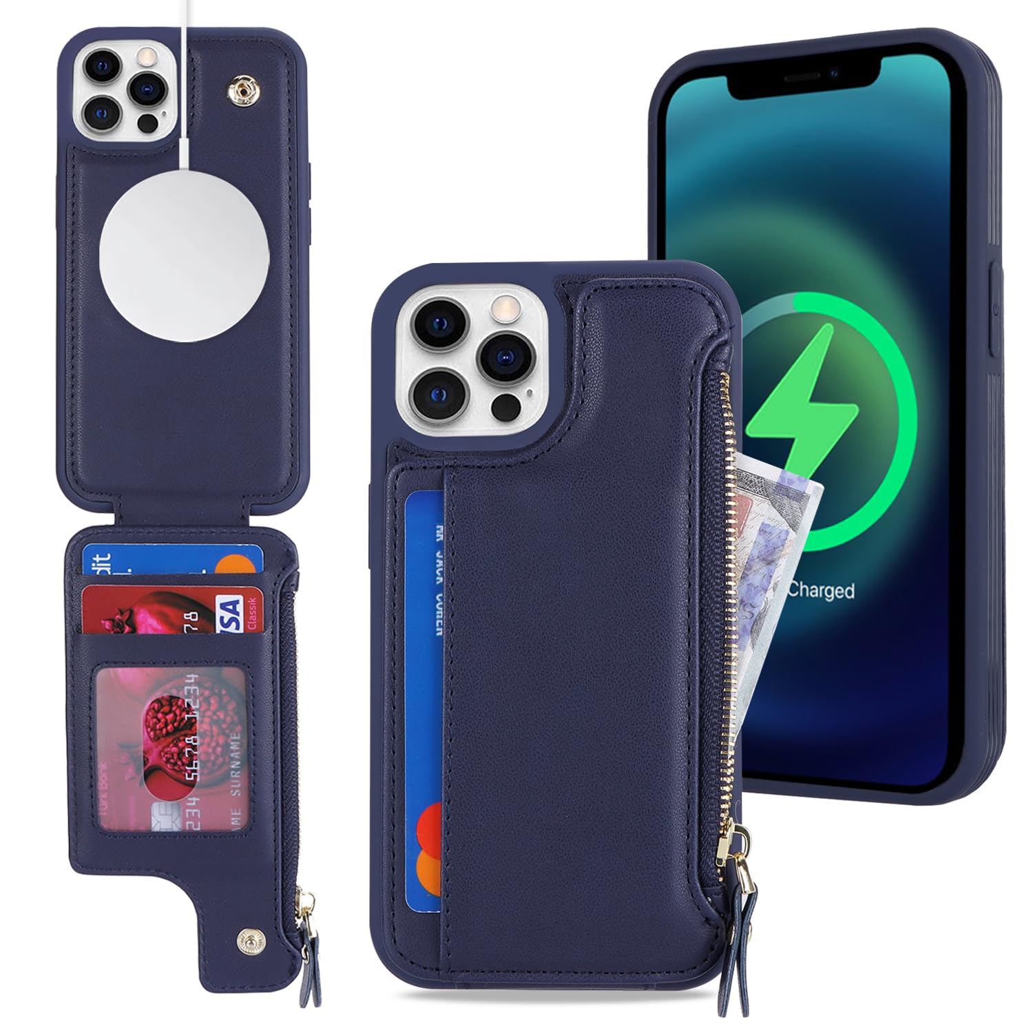 SailorTech iPhone 12/12 Pro Case with Credit Card Holder magsafe, iPhone 12/12 Pro Phone Leather Case Wallet for Women Compatible mag safe Zipper Shockproof Case for Men - Blue — image 1