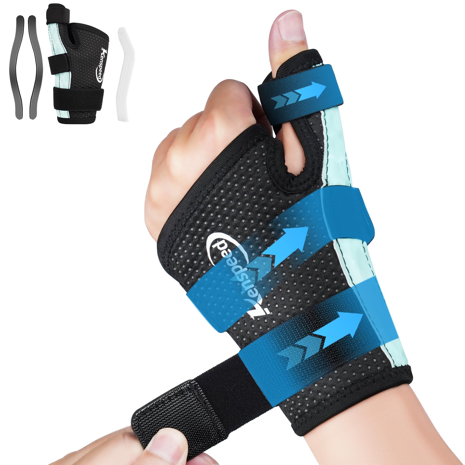 Photo 1 of Kenspeed Wrist & Thumb Brace Carpal Tunnel Wrist Brace Night Support Thumb Stabilizer, Spica Thumb Splint Right Hand & Left Hand for Tendonitis, Arthritis (Blue-Right, S)