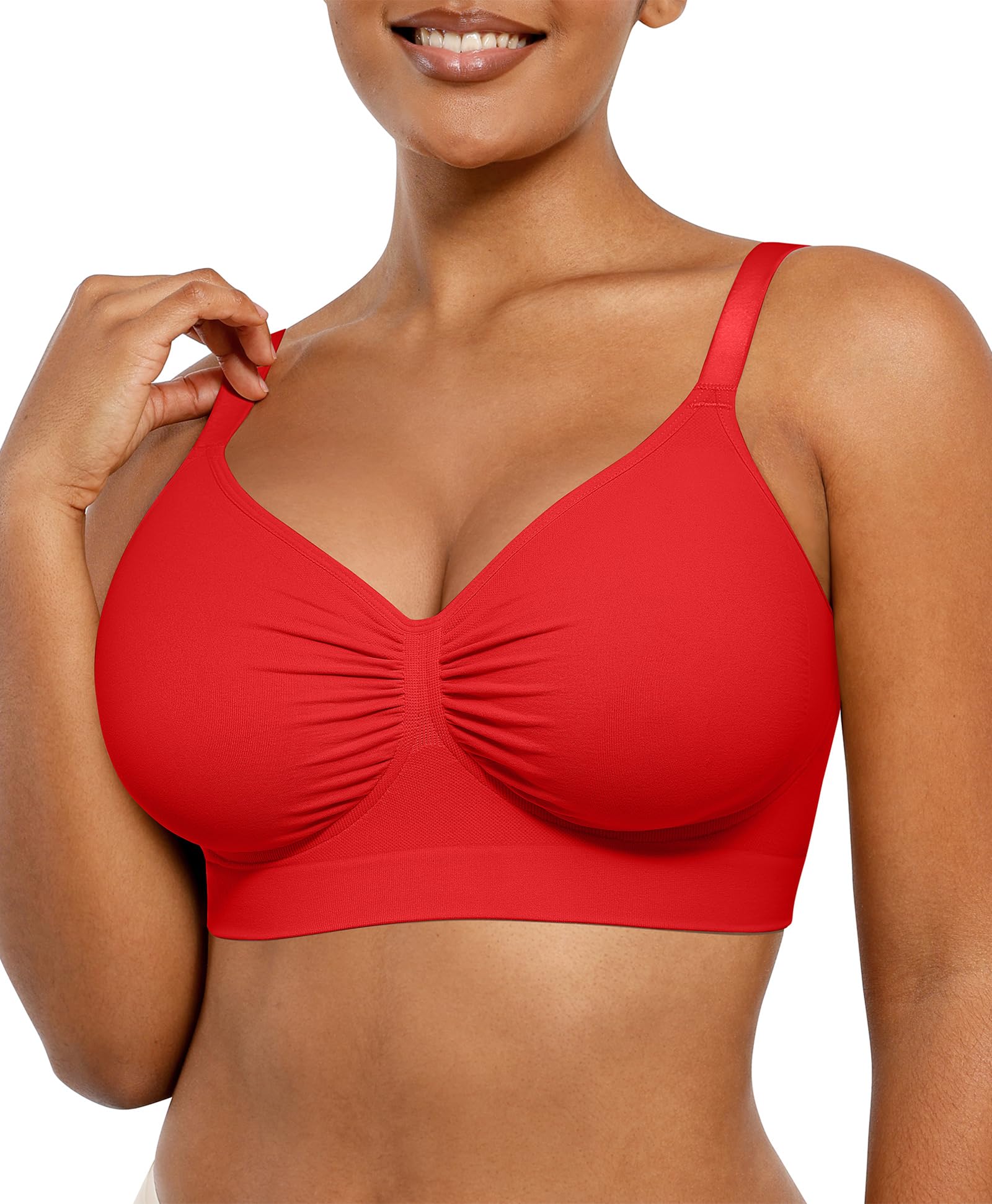 Photo 1 of SHAPELLX Red Wireless Comfy Bra for Womens Breathable Lounge Seamless Bra Comfortable Soft Bralette V Neck Everyday Bras X-Large