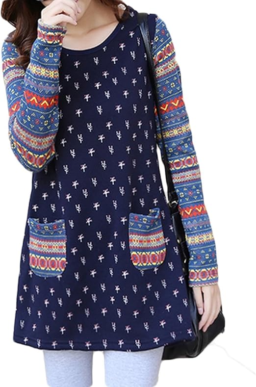 Amazon 蓝色名族森ガールシリーズ ワンピース レディース カジュアル 長袖 防寒 暖かい おしゃれ かわいい チュニック パッチワーク 秋 冬 妊婦自分とか妊娠の友達にプレゼント L ワンピース チュニック 通販