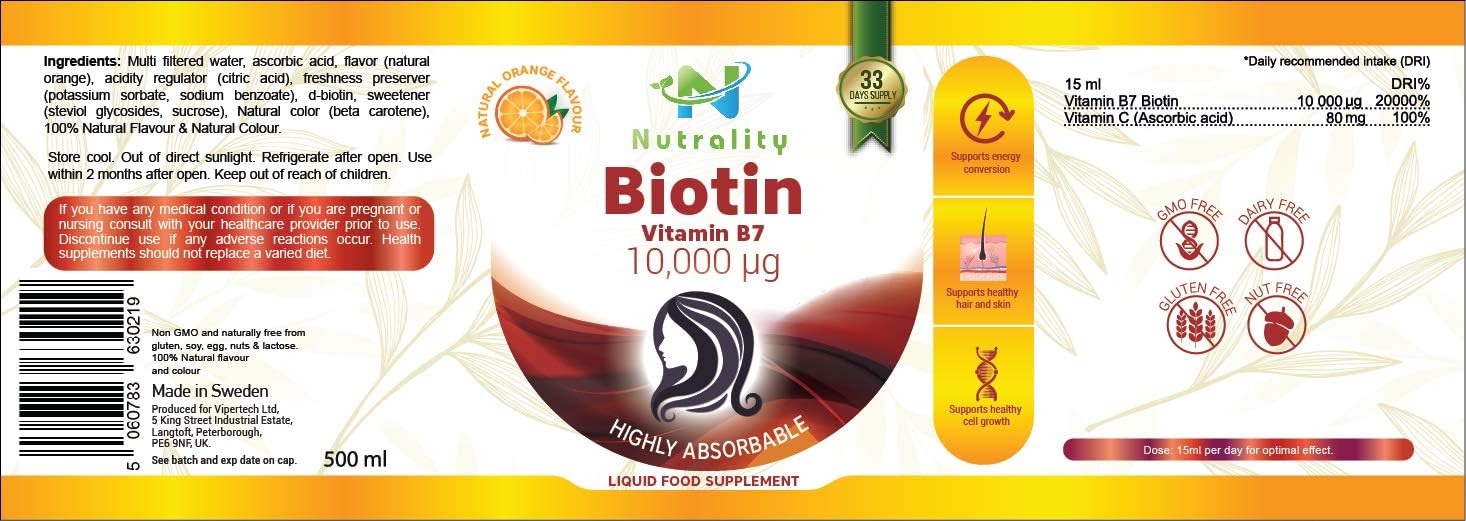 Nutrality Liquid Biotin 10,000mcg, Orange, 500 ml (Pack of 1) - Image 3