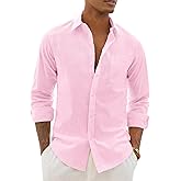 Alimens & Gentle Linen Shirts for Men Long Sleeve Casual Cotton Button Down Shirts Summer Beach Wedding Tops with Pocket