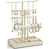 Vlando 3 Tier Jewelry Stand Organizer with Tary, Leather Jewelry Holder Display for Women, Gold Jewlery Holder Display for Necklace, Earring, Bracelet, Rings - Cloud White