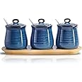 Hasense Porcelain Condiment Jar,10oz Spice Container with Lid Spoon and Bamboo tray,Small Salt Sugar Pepper Seasoning Pots Box Set of 3,Ceramic Condiment Container for Home kitchen Counter(Blue)