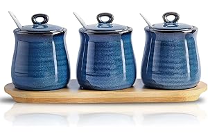 Hasense Porcelain Condiment Jar,10oz Spice Container with Lid Spoon and Bamboo tray,Small Salt Sugar Pepper Seasoning Pots Box Set of 3,Ceramic Condiment Container for Home kitchen Counter(Blue)