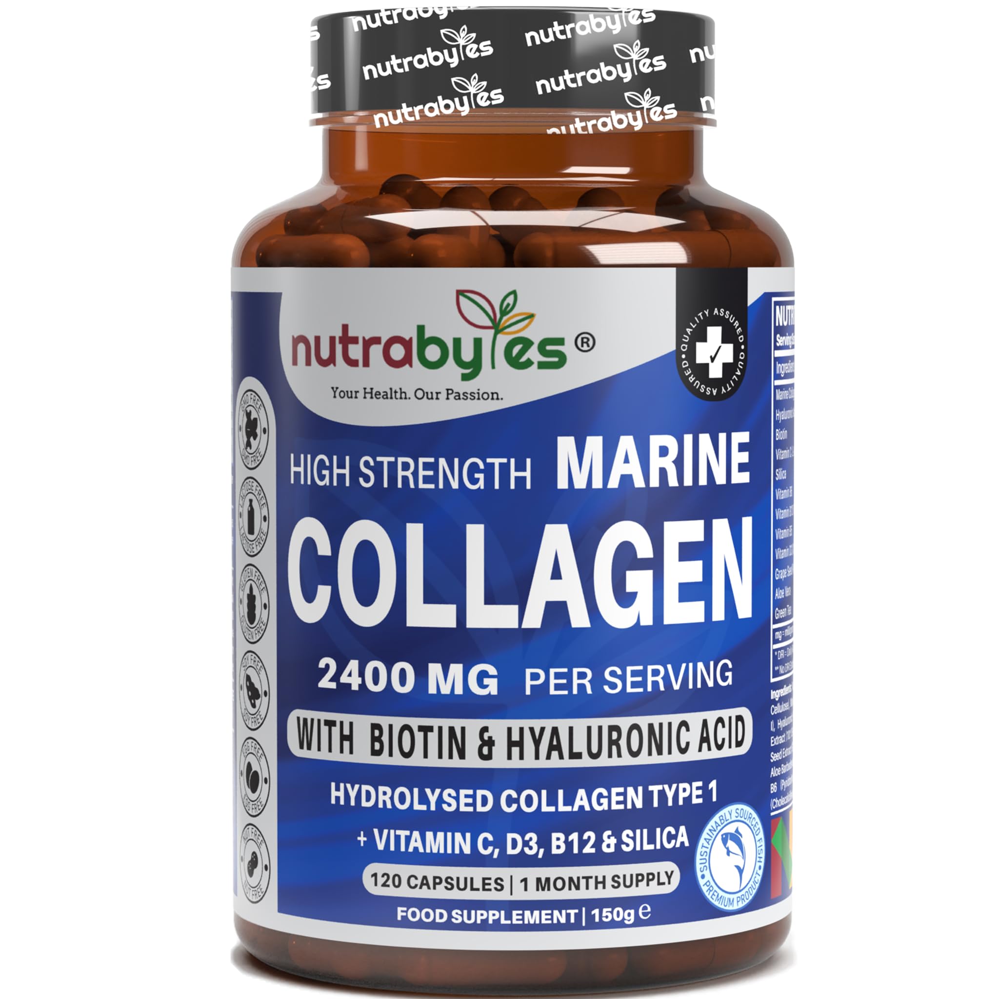 Marine Collagen Capsules 2400mg | Hyaluronic Acid Biotin Vitamin C D3 B12 Silica | Type 1 & 3 Hydrolysed | Hair Skin Nails | 120 Capsules | Kosher Halal | UK Made | Women & Men | 1 Month Supply