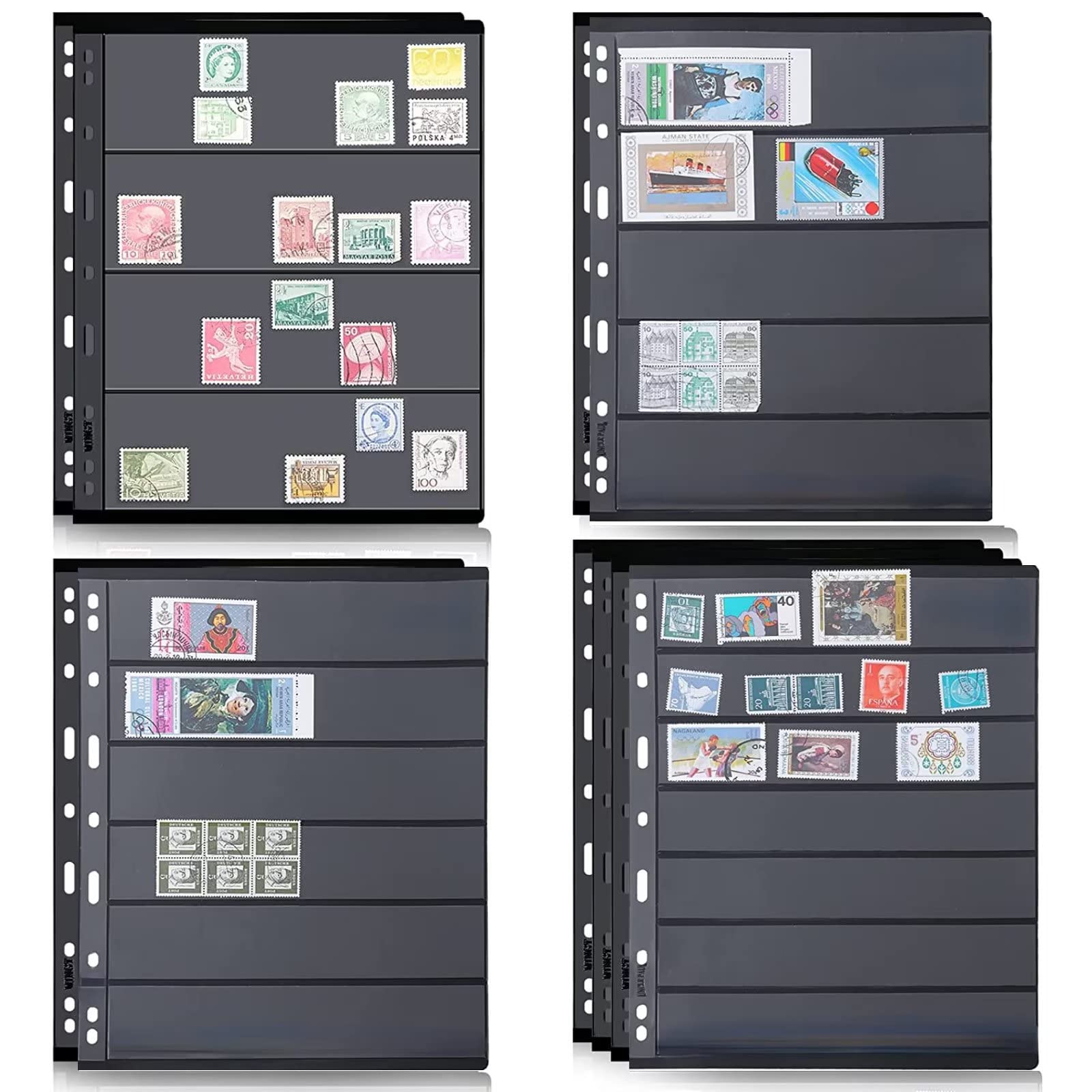 runrayay 10 Sheets Stamp Pages for Stamp Album Binder, 4 Sizes Stamp Pages for Stamp Collecting Albums with Standard 9 Hole Binder Sleeves for Stamp Collectors (4/5/6/7 Pockets Pages)
