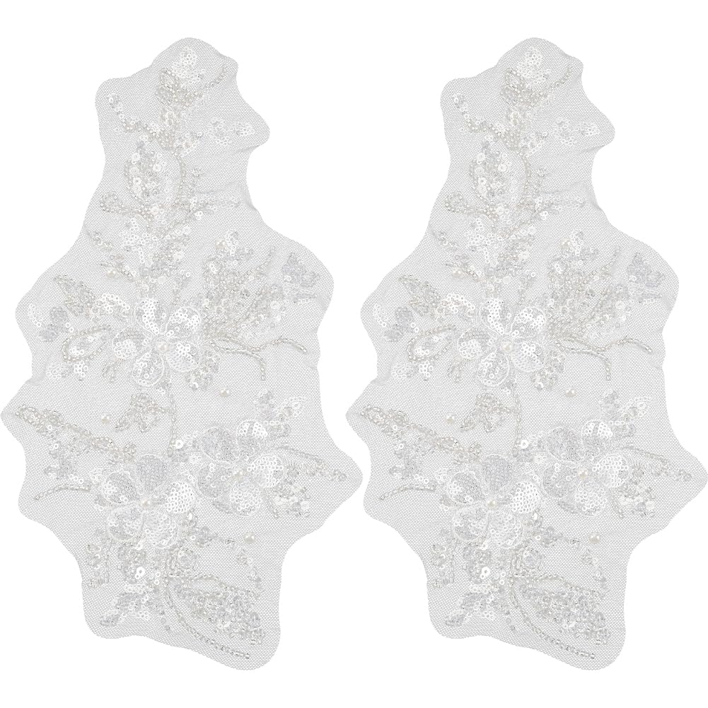GORGECRAFT 2Pcs Flower Gauze Embroidery Sequin Lace Applique Pearl Beaded Trim Patches Cloth White Sew on Floral Fabric Collar Patch for Wedding Gown Dress Bridal Clothing DIY Crafts