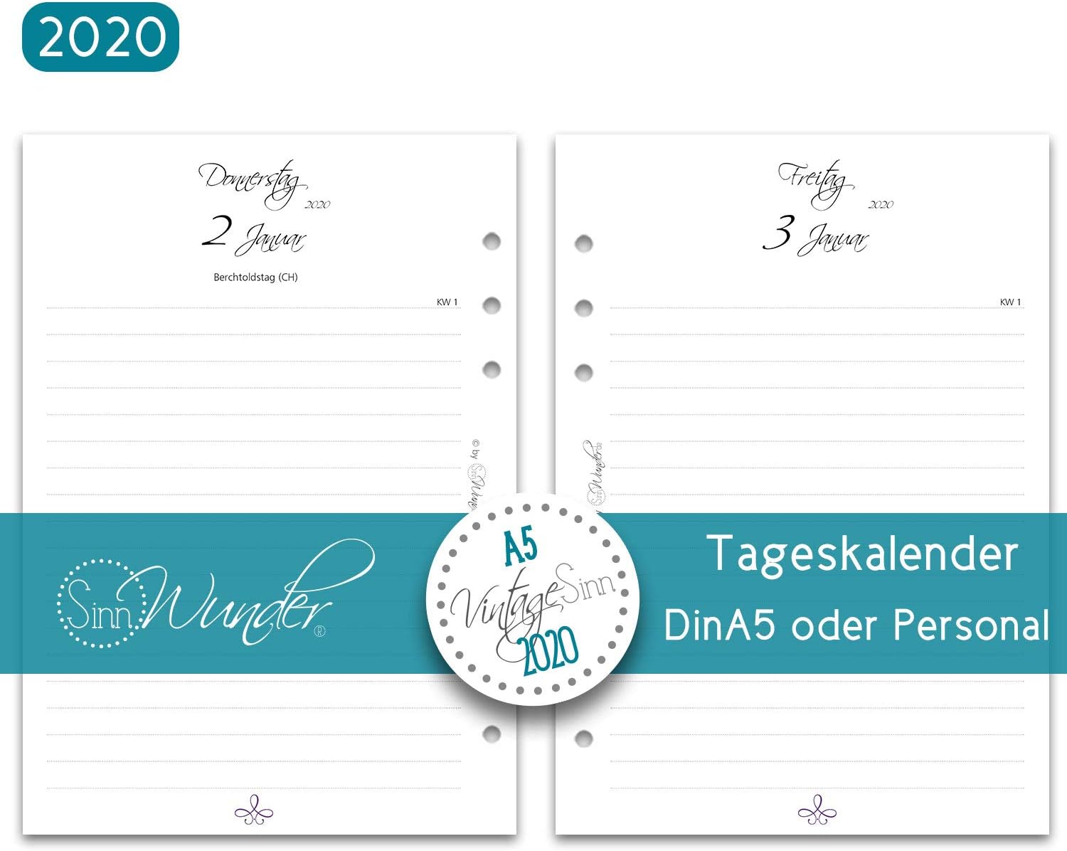 SinnWunder® 2020 Premium Calendar Inserts – Daily Planner with 1 Day per Page – VintageSinn – DIN A5 2020 - Din A5 VintageSinn