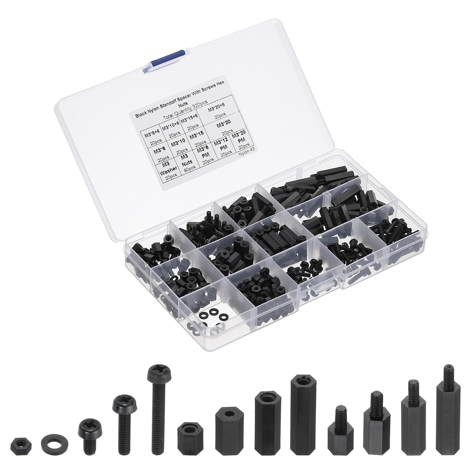 PATIKIL M3 Male Female Nylon Hex Spacer Standoff Kit, 320Pcs Motherboard Standoffs Assortment Kit, Electrical Outlet Spacers, Screws Nuts for PCB Motherboard, Circuit Board, Black