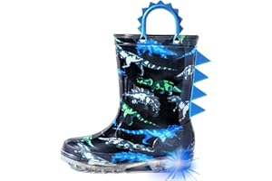 HugRain Toddler Boys Adorable Dinosaur Light Up Rain Boots