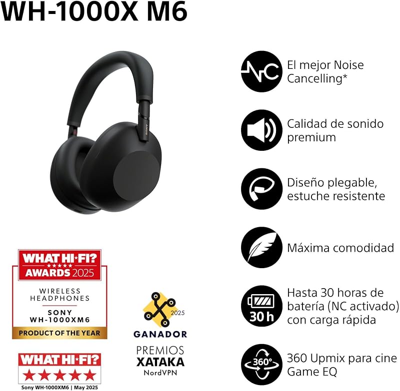WH-1000XM6 Auscultadores sem fios Bluetooth de luxo com cancelamento de ruído, som de alta resolução, confortável, design dobrável, caixa resistente, 30 horas de bateria, iOS e Android, preto