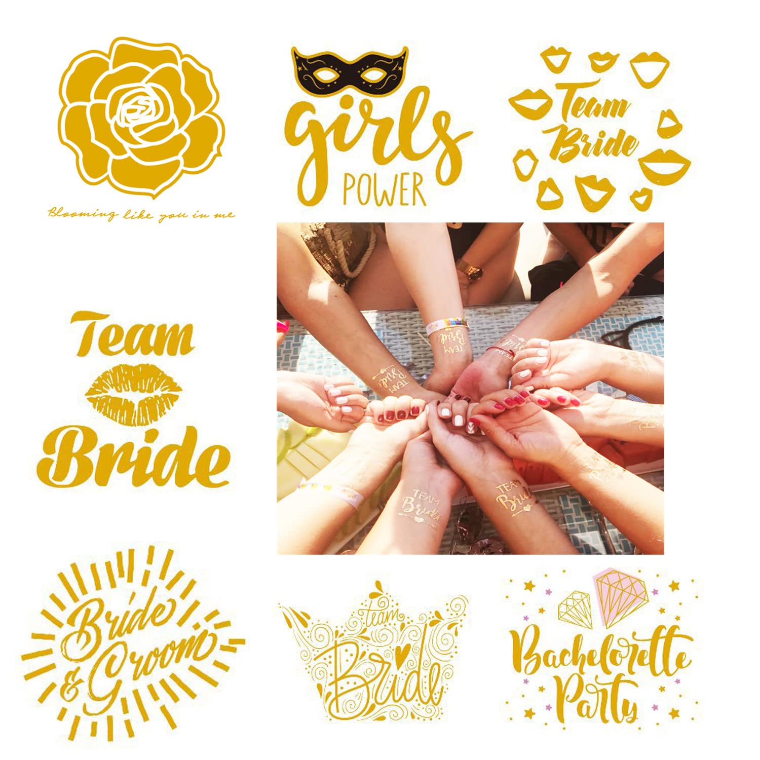 WUBAYI 20PCS Metallic Hen Party Tattoos | Gold & Silver Temporary Tattoos for Bachelorette, Bridal Shower, Wedding | Waterproof, Long Lasting Fake Tattoos | Fun Party Accessories