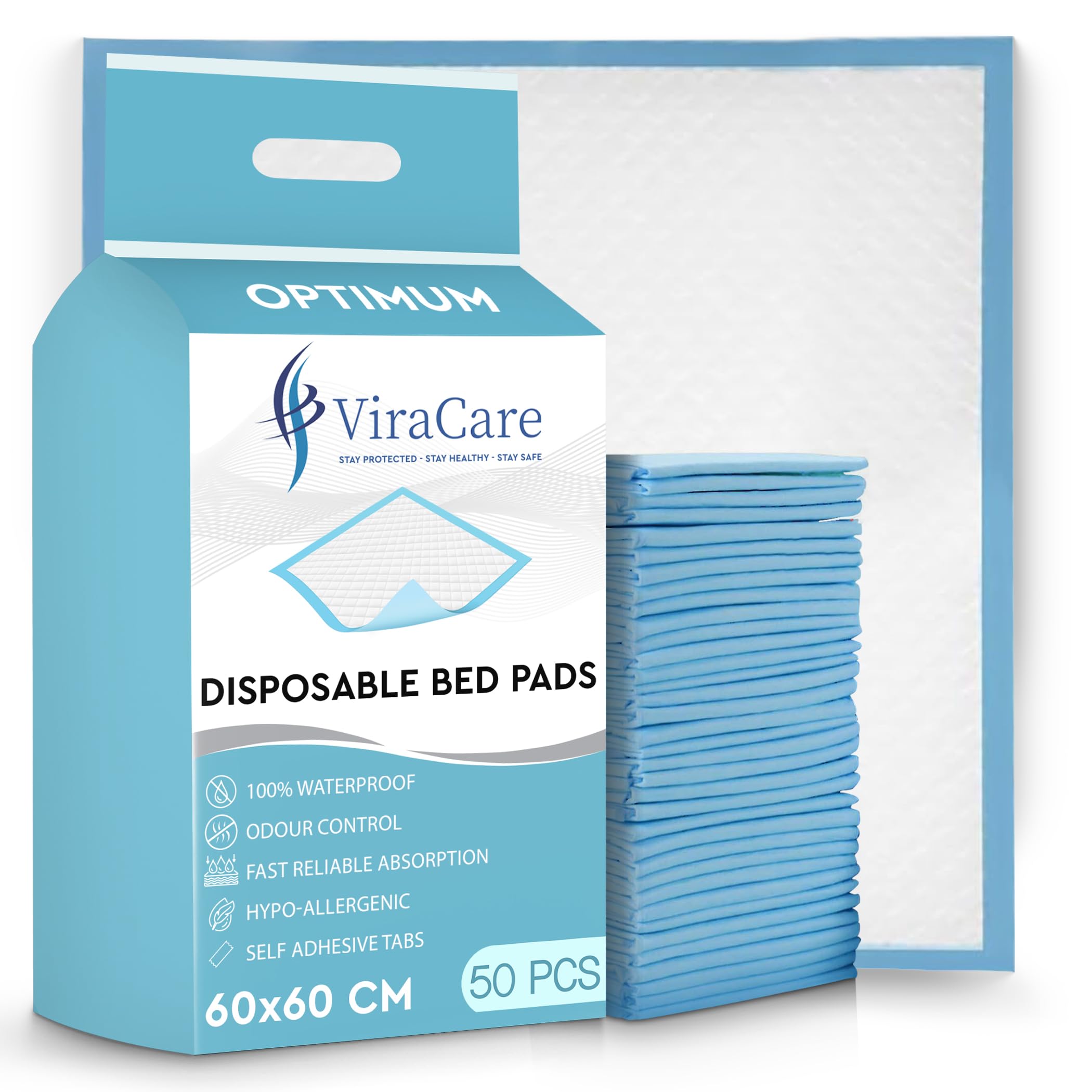 50 x Incontinence Bed Pads | 60 x 60 cm | Incontinence Bed Sheets | Disposable Mattress Protector | Self Adhesive Tabs | Absorbent Pads | (1 Packs of 50)