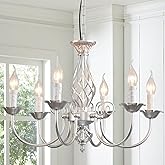 Jaycomey Silver Farmhouse Candle Chandelier, 6-Light Rustic Industrial Pendant Ceiling Light Fixture, Ceiling Hanging Lamp fo