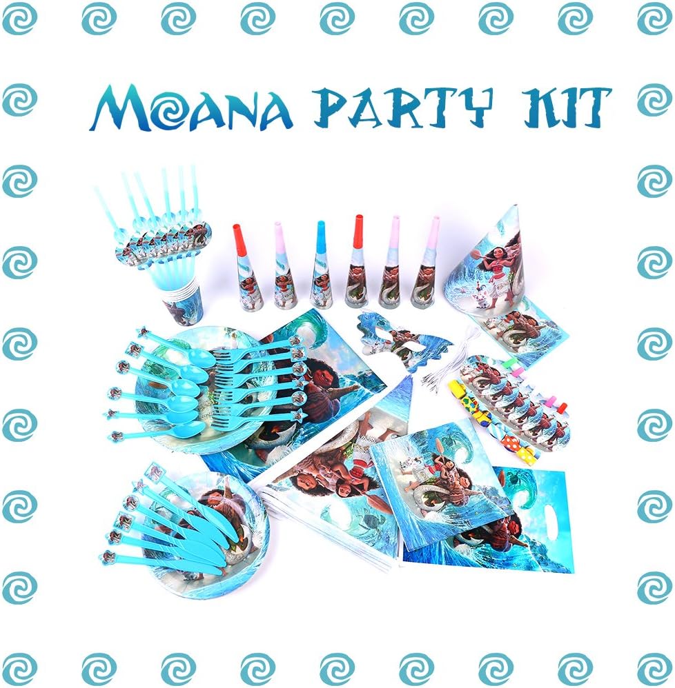 Moana Birthday Party Supplies and Decorations - 125 Items Pack For 8 Guests - 2 BONUS Gifts: The Necklace Heart of Te Fiti And 8 Pack Pinback Badges