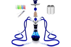 IMPACHETA Hookah Set With Everything 4 Hose 22" Premium Hookah Shisha set with Glass Vase, Ceramic Bowl and Coal Tongs Ashtray 100 Disposable Tips 50 Pre-Punched Aluminum Foil (Blue)