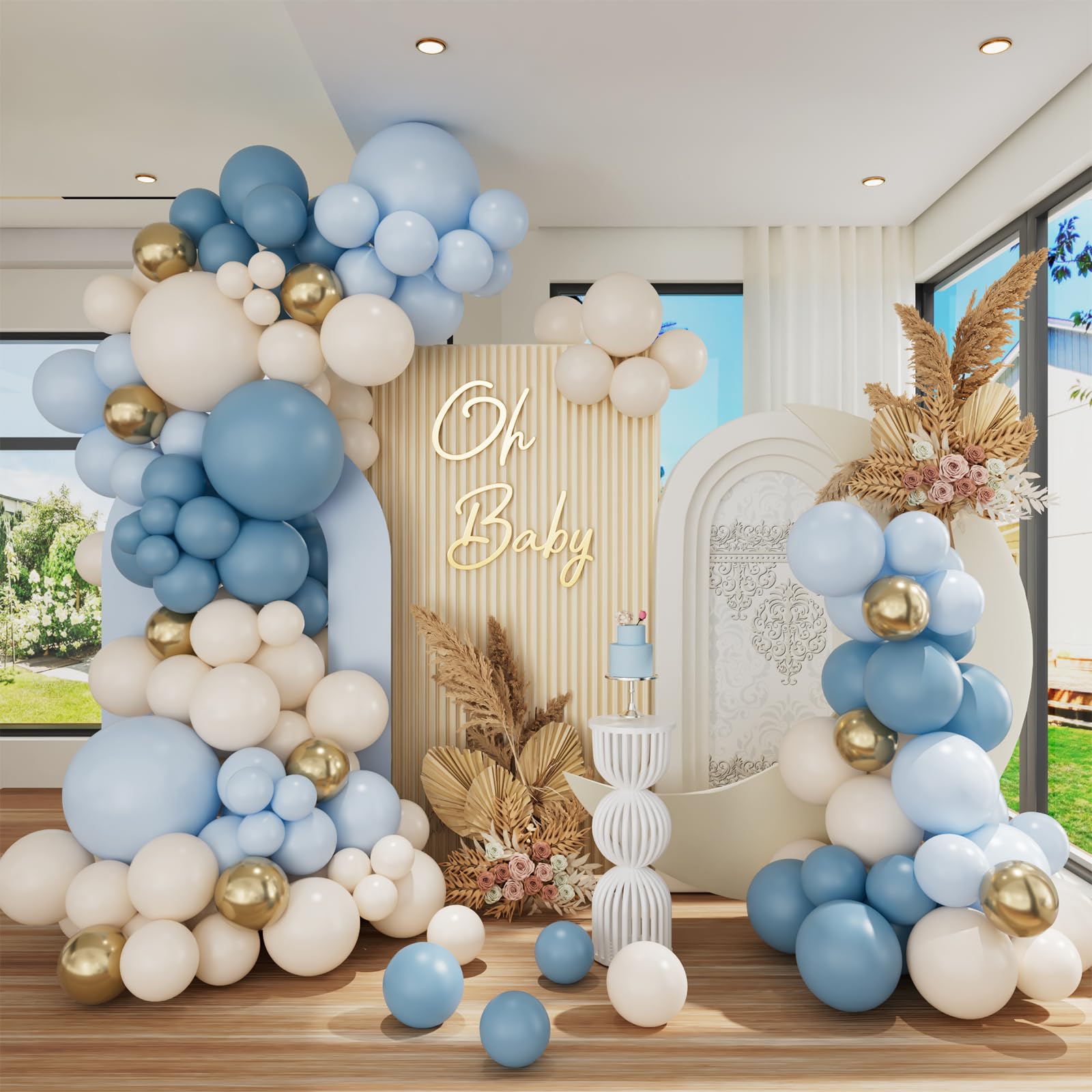 Photo 1 of Belscebels Dusty Blue and Gold Balloon Arch Kit, White Sand Light Baby Blue Gold Dusty Blue Balloon Garland Arch Kit for Boy Baby Shower Birthday Decorations