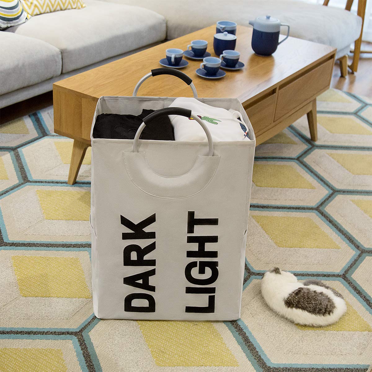 WISHPOOL Double Large Foldable Laundry Hamper Basket Divided Handy Stand Collapsible Laundry Basket Waterproof Bag Bin Organizer Storage Corner with Handles (Beige)