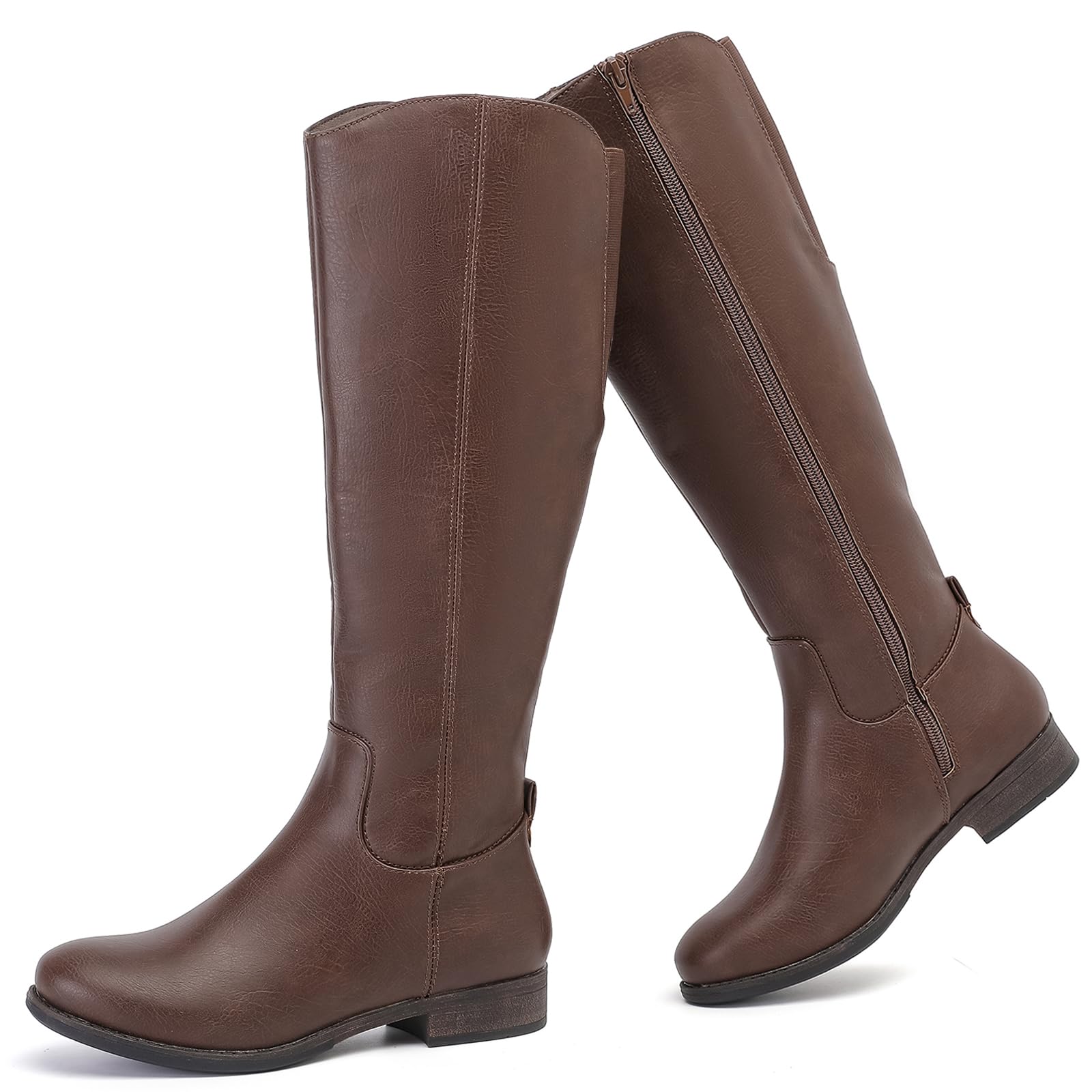 Photo 1 of Ruiee Women's Knee High Boots Stylish Comfort Round Toe Tall Riding Combat Boot Classic Fashion Fall Winter Boots for Women.1873909 Brown PU Size7