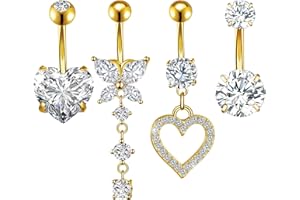 HEQU 4 Pcs Dangle Belly Button Rings for Women, Belly Button Piercing 14G CZ Curved Stainless Steel Barbell Piercing Jewelry 