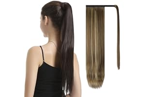 BARSDAR Straight Ponytail Extension - 26 Inch Long Straight Wrap Around Ponytail for Women Clip in Ponytail Extensions Synthetic Highlight Pony Tails Hairpieces Daily - Blonde & Medium Brown