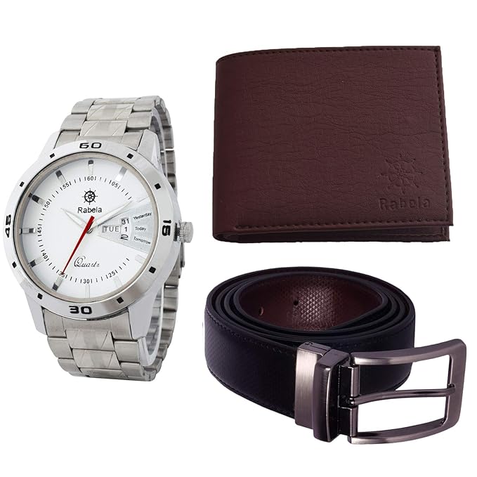 Rabela Mens Combo Pack of Analog White Dial Watch Dark Brown Wallet and Reversible PU Leather Belt RWWB-1114
