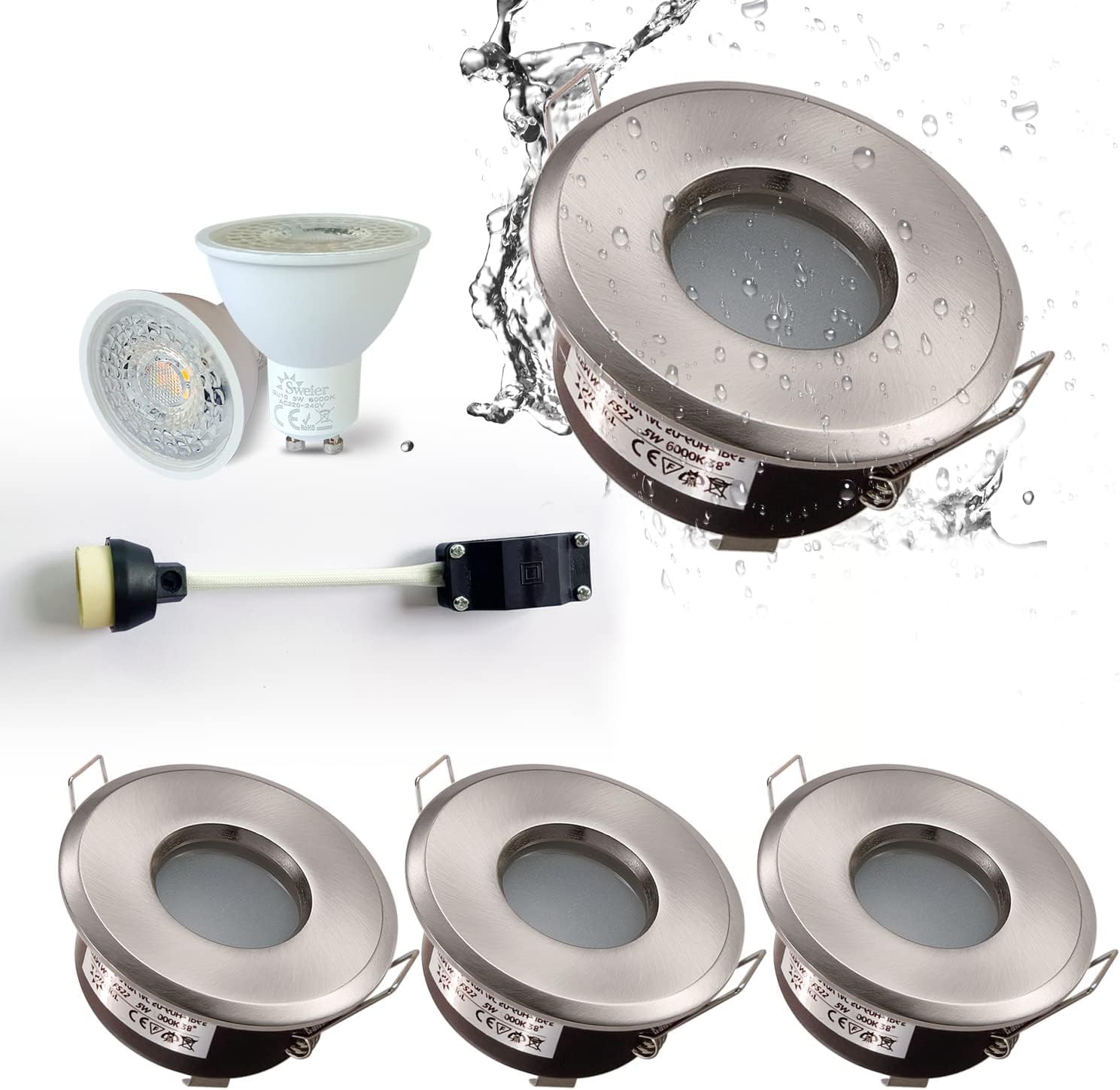 4XSweier Waterproof Bathroom Lights Ceiling Recessed IP65, 5W Cool White 6000K for Bathroom and Kitchen LED Ceiling Spotlights (Incl. GU10 lamp Holder) Satin Nickel Downlight Cutout 68mm