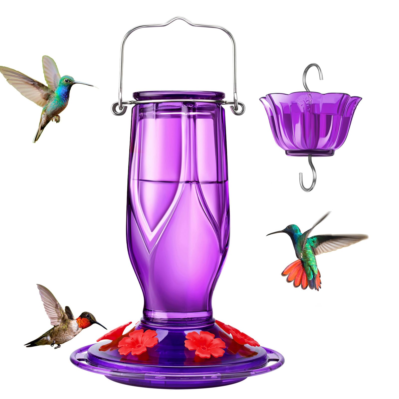 Photo 1 of Kingsyard Glass Hummingbird Feeders for Outdoors Hanging, 6 Feeding Ports, 16 Ounces Bird Nectar Feeder, Rustproof Leakproof, Easy to Refill & Clean, Garden Backyard Decor, Ant Moat Included, Purple