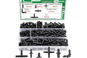 Aienxn 340PCS 1/4" Drip Irrigation Kit Barbed Connectors, Straight Barb, Tee, Single Barb, End Plug, Elbow, 4 Way Coupling Irrigation Fittings for Garden Lawn Flower Pot