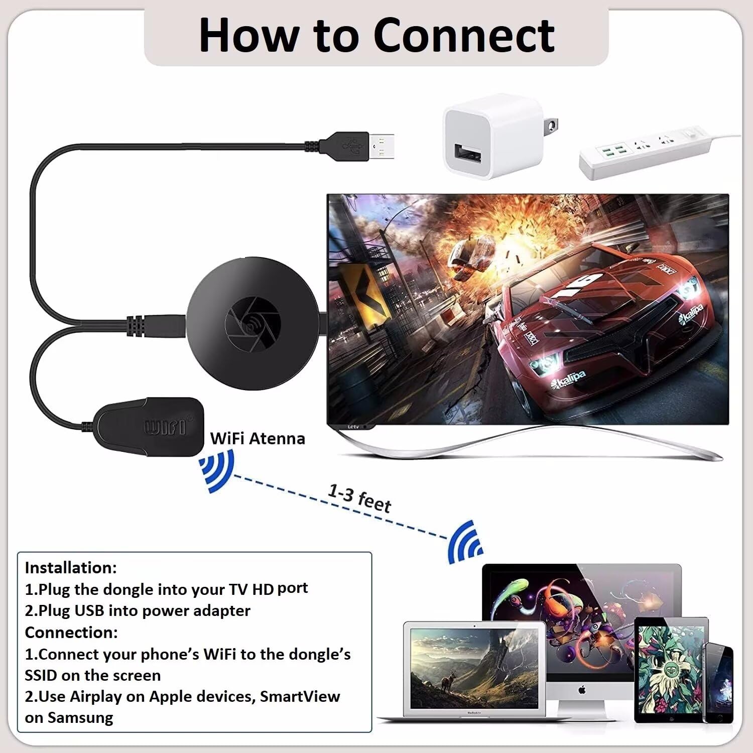 SmartSee Wireless HD Display Adapter WiFi Screen Cast Mirroring Media Streaming Dongle Receiver for Phone/PC/Tablet to HD Display TV Projector